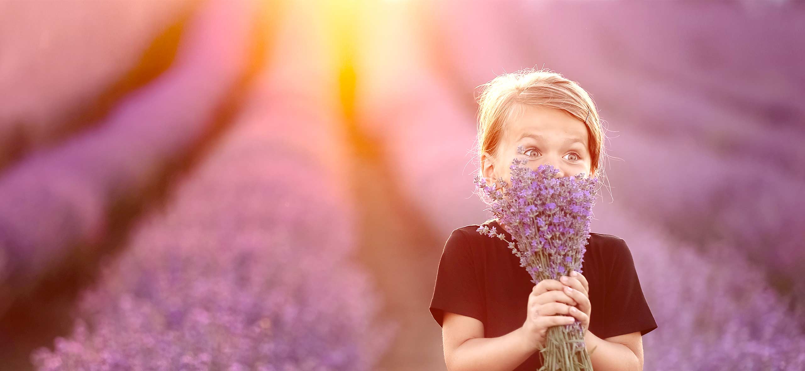 Ein Kind steht in einem Lavendelfeld und hält einen Strauß Lavendel vor seinem Gesicht, mit erstaunten Augen in die Kamera schauend. Die Szene ist in warmem Sonnenlicht getaucht.