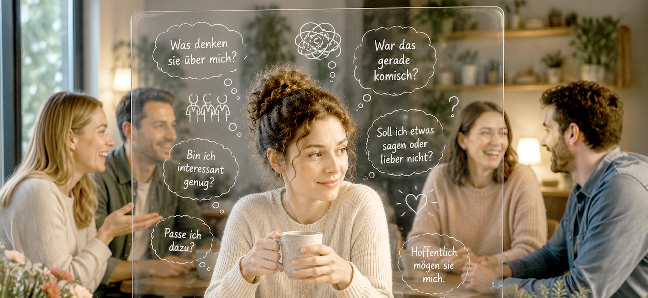 Frau sitzt mit einer Tasse in geselliger Runde, umgeben von Gedankenblasen mit Fragen wie „Was denken sie über mich?“ und „Bin ich interessant genug?“ – Symbolbild für die Angst vor Ablehnung in sozialen Situationen