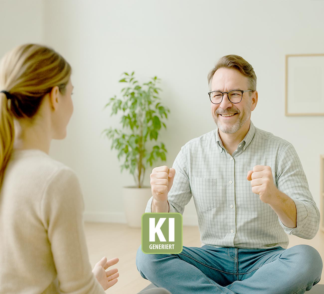 KI-generiertes Bild: Therapeutin leitet eine Übung zur progressiven Muskelentspannung an, Klient sitzend, ballt die Fäuste, folgt der Anleitung